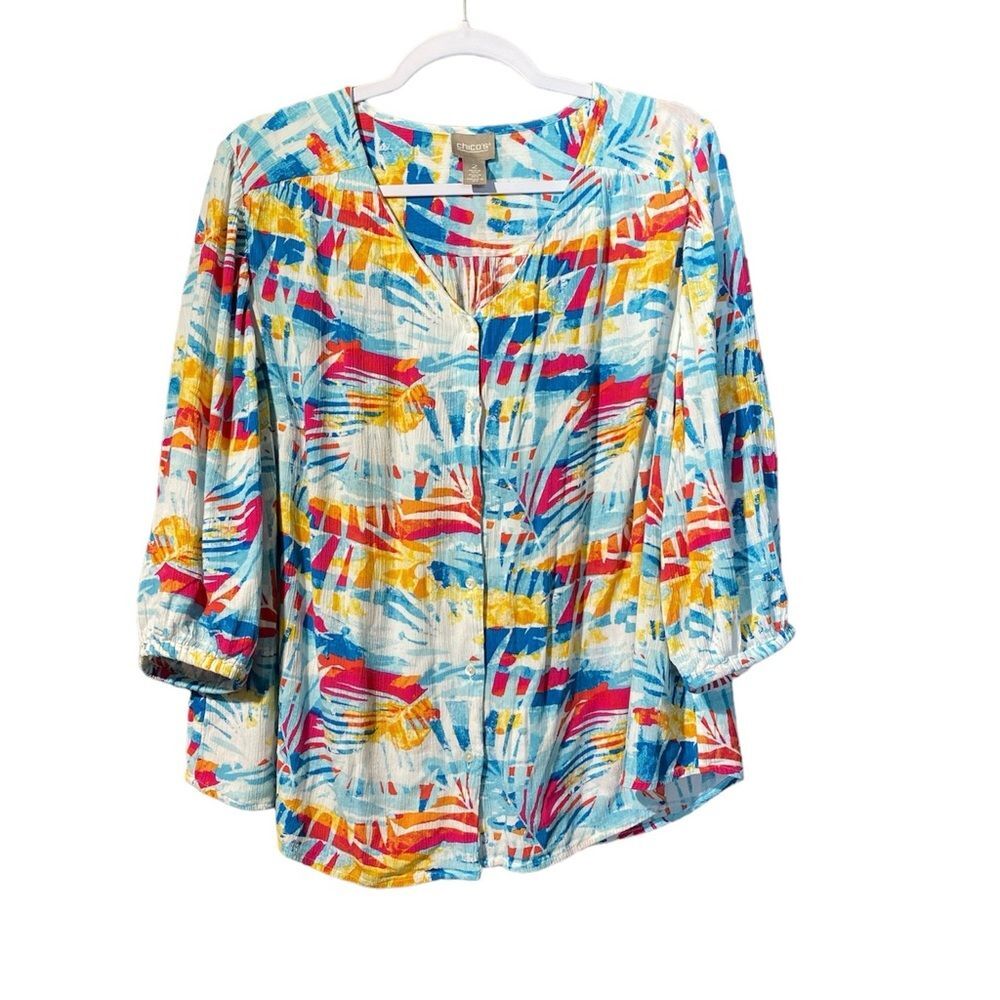 Chico's Multi-Color 3/4 Sleeve Button Down Lightweight Blouse Women's Size 2